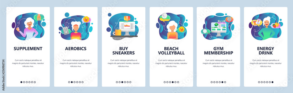 Mobile app onboarding screens. Healthy food, fitness, sport and diet. Menu vector banner template for website and mobile development. Web site design flat illustration - obrazy, fototapety, plakaty 