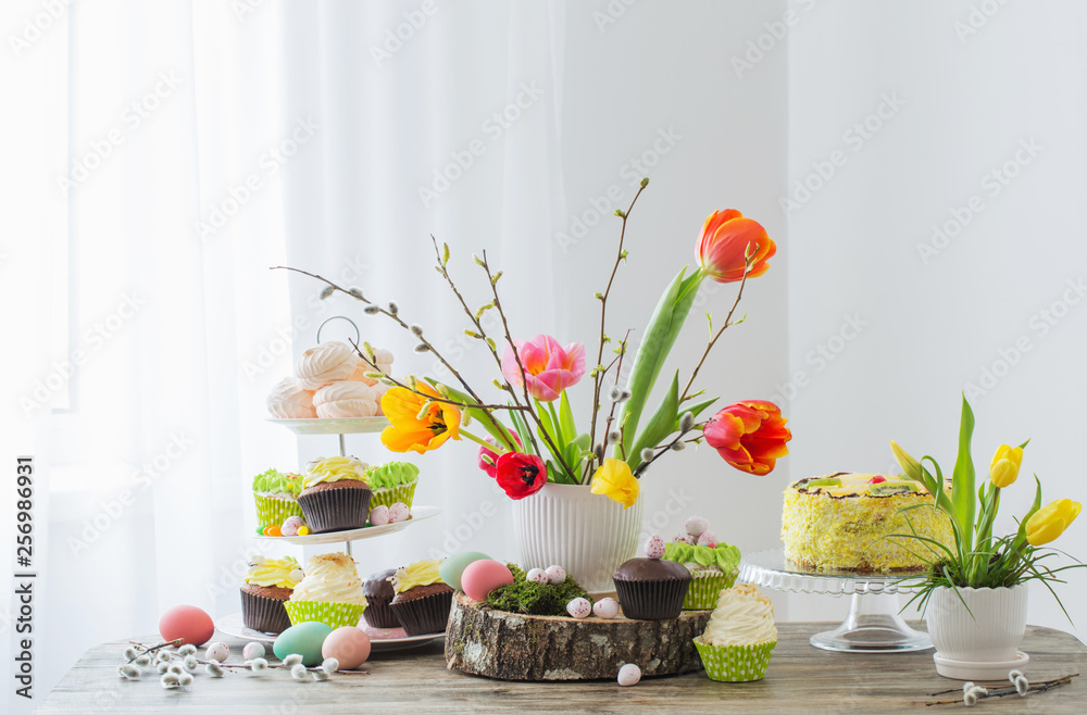 Easter table with tulips and decorations