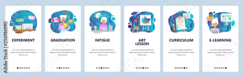 Mobile app onboarding screens. Biology experiment, graduation, art lesson, e-learning and education. Menu vector banner template for website and mobile development. Web site design flat illustration