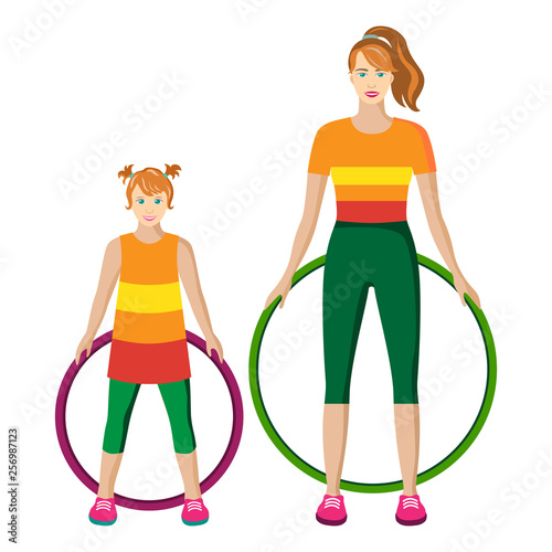 vector isolated sportive mother and daughter in bright uniform on white background.illustrationwiyh woman and girl with hoops in their hands