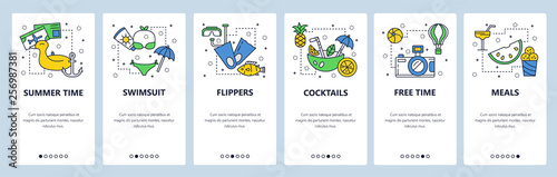 Mobile app onboarding screens. Travel, vacation and beach holiday icons. Swiming, diving, cocktails. Menu vector banner template for website and mobile development. Web site design flat illustration