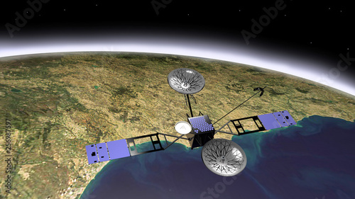 Satellite TDRS (Tracking and Data Relay Satellite) utilizzato dalla NASA per comunicare con altri satelliti e con la Stazione Spaziale Internazionale, 3D rendering photo