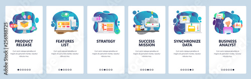 Mobile app onboarding screens. Business strategy, new product release, data sync. Menu vector banner template for website and mobile development. Web site design flat illustration