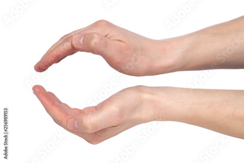 Isolated empty male hands on white background.