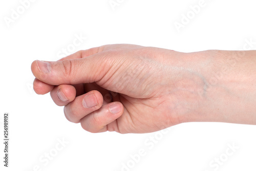 Empty male hand making gesture like holding something isolated on white background.