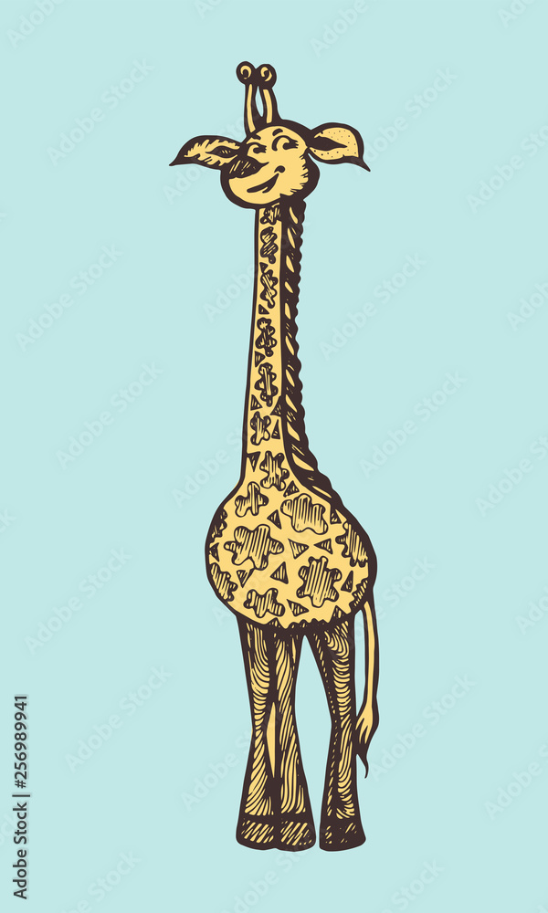 giraffe character. Hand-drawn color vector illustration for children`s book, cover, postcard
