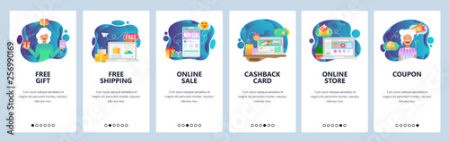 Mobile app onboarding screens. Online shopping and payment, free delivery, cashback and sale. Menu vector banner template for website and mobile development. Web site design flat illustration