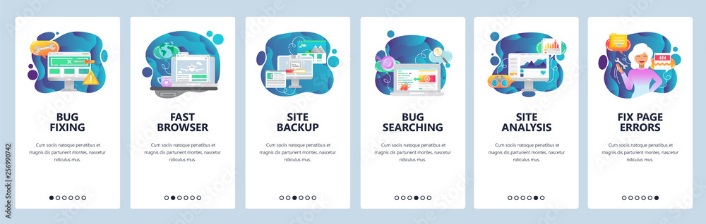 Mobile app onboarding screens. Computer bug fixing and testing, website analysis, backup. Menu vector banner template for website and mobile development. Web site design flat illustration - obrazy, fototapety, plakaty 