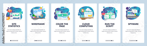 Mobile app onboarding screens. Online cloud services, website wireframe and development, cloud computing. Menu vector banner template for website and mobile development. Web site flat illustration