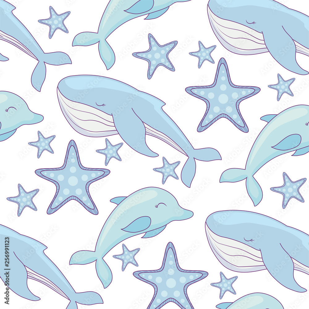 Naklejka premium pattern of cute dolphin with whale and starfish