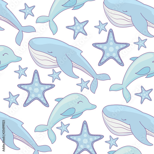 pattern of cute dolphin with whale and starfish