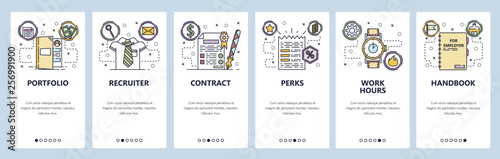 Mobile app onboarding screens. Employment, HR recruiter, cintract. job offer, working hours. Menu vector banner template for website and mobile development. Web site design flat illustration
