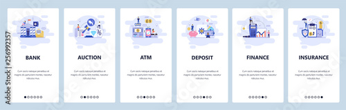 Mobile app onboarding screens. Banking and financial services, auction, atm, deposit saving account, insurance. Vector banner template for website and mobile development. Web site flat illustration