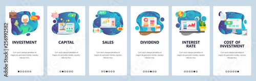 Mobile app onboarding screens. Finance business icons, money investment, sales and capital, interest rate. Vector banner template for website and mobile development. Web site design flat illustration