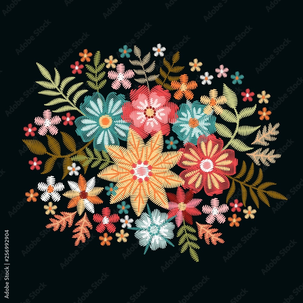 Embroidery. Colorful bouquet with summer flowers on black background. Floral vector illustration.