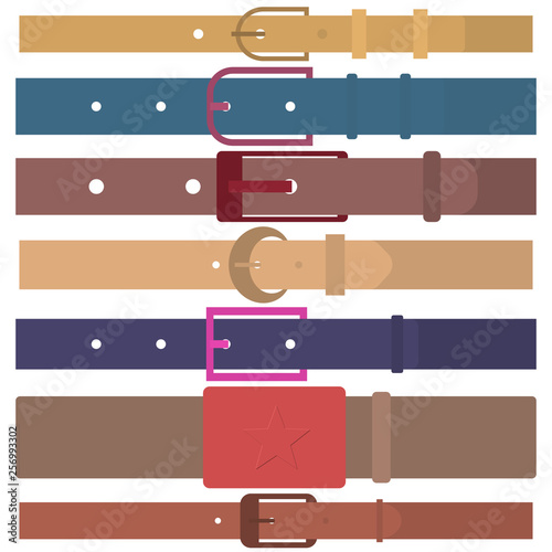 Set of different flat colored belts, vector illustration.