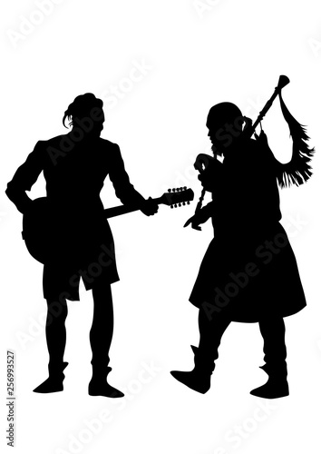 Musicians with old instruments on white background