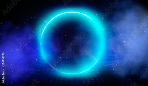 Neon circle, neon lights. Neon circle with the center of a dark empty scene with spotlights. Abstract light. Night view.