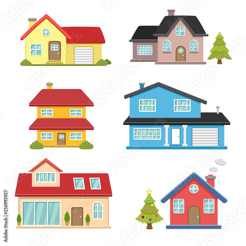 Houses exterior vector illustration front view with roof. Modern home with doors and windows.