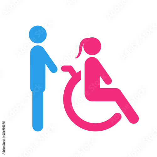 Man pushing wheelchair with disabled woman. Vector.