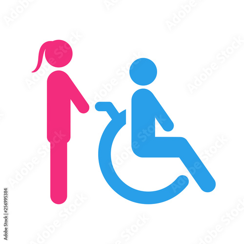 Nurse pushing wheelchair with disabled man. Vector.