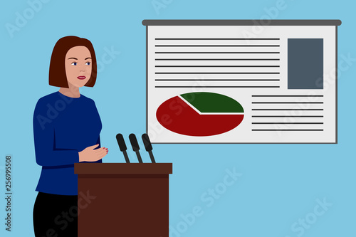 Caucasian woman giving presentation. Vector illustration.