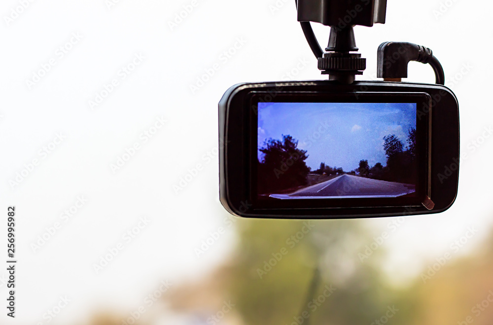 Picture road and tree on camera in car.