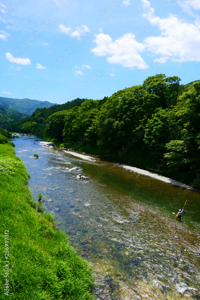 日本の夏。青く煌めく気仙川。陸前高田　岩手　日本。７月上旬。