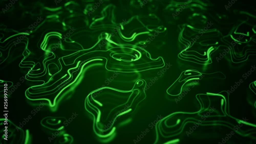 Abstract background with animation of morphing shapes as topographic map or stripes data transfer with flickering particles. Animation of seamless loop. Abstract background with animation of morphing shapes as topographic map or stripes data transfer with flickering particles. Animation of seamless loop.