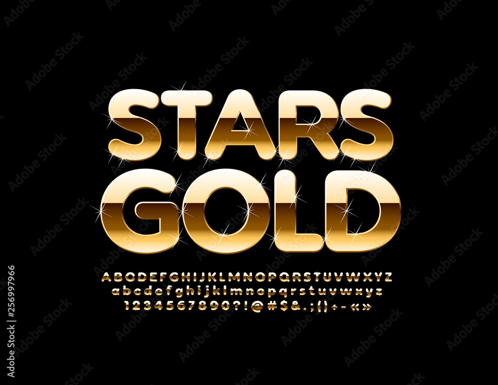 Vector Golden Alphabet Letters, Numbers and Symbols with Sparkling Stars. Elite glossy Font 