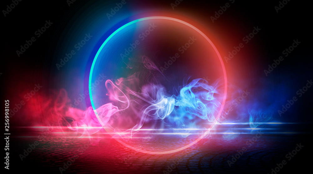 Obraz premium Neon circle, wet asphalt, reflection. Neon circle with the center of a dark empty scene with spotlights. Abstract light. Lights of the night city, abstract light bokeh, smog, smoke.