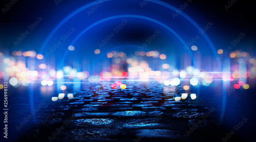 Obraz premium Neon circle, wet asphalt, reflection. Neon circle with the center of a dark empty scene with spotlights. Abstract light. Lights of the night city, abstract light bokeh, smog, smoke.
