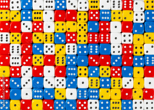 Pattern of random ordered red  white  yellow and blue dices