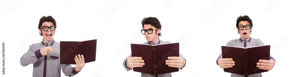 Student with book isolated on white