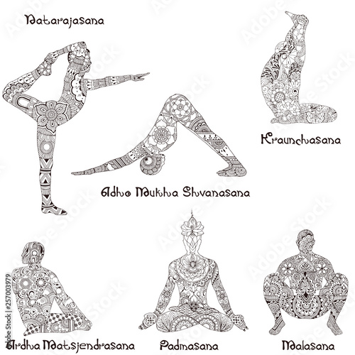 6 asanas in yoga. Silhouettes of decorated pattern in the style of Indian Mehndi.