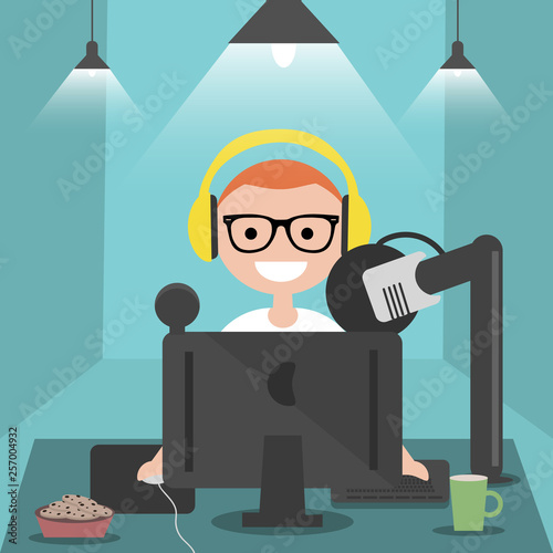 Young character sitting at computer desk.Streaming.Cloud gaming service.Flat cartoon design.Clip art