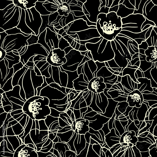 Contour floristic seamless pattern with flowers Narcissuses on black background. Hand drawn manual graphic. Design for textile, fabric, wallpaper, packaging. Vector Illustration