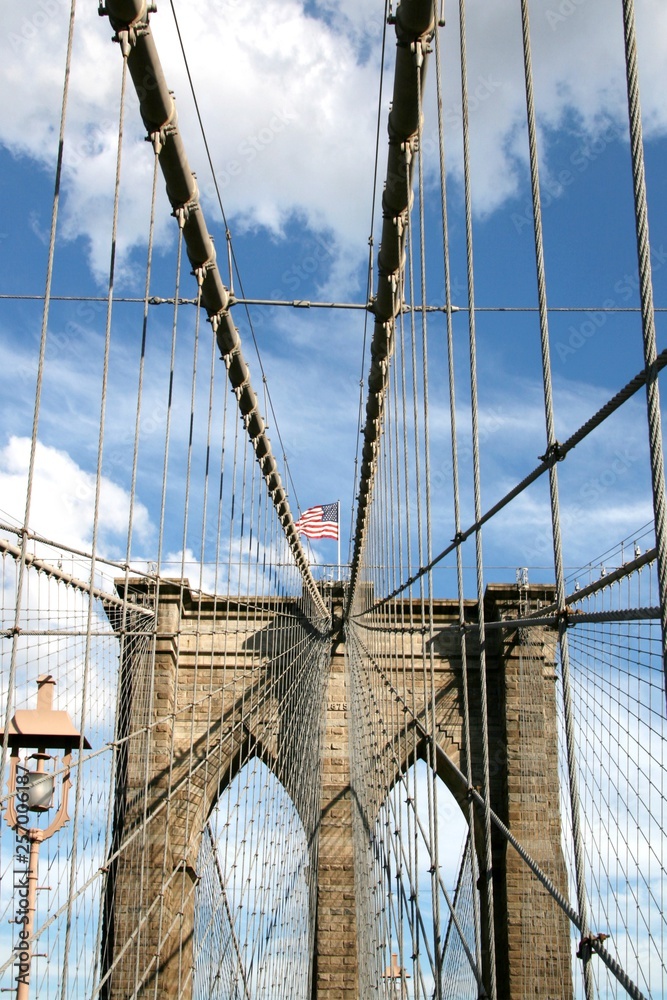 Fototapeta premium new york, nyc, ny, manhattan, bridge, brooklyn bridge, architecture, city, blue, cables, river, flag,