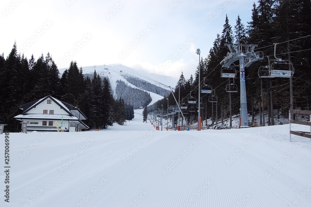Beautiful morning view of the mountains and ski slopes in the resort Jasna, Slovakia. Beautiful morning view of the mountains and ski slopes in the resort Jasna, Slovakia.