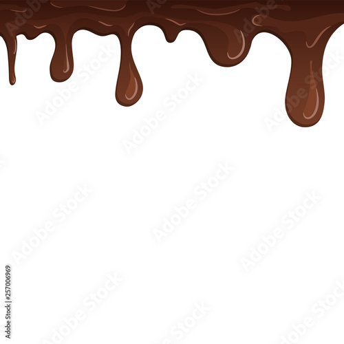 Dripping chocolate. Drips chocolate, isolated white background. Melt fluid sweet dessert. Tasty splash liquid, realistic 3D design. Brown delicious cream. Flowing trickle streams. Vector illustration