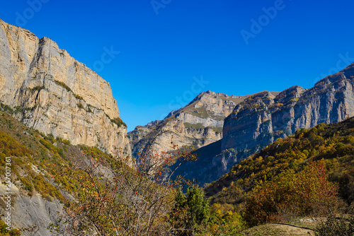 Caucasus mountains, Cherek gorge. Autumn weather in the mountains. Panoramic view of the beautiful nature of the Caucasus