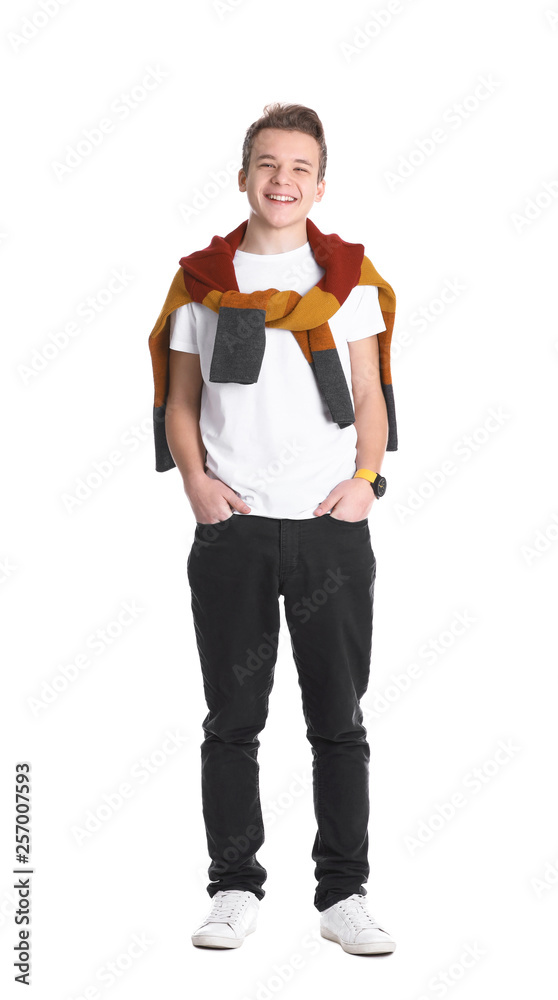 Fototapeta premium Portrait of handsome teenage boy on white background