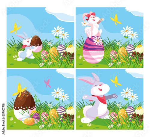 cards with rabbits and eggs of easter in garden