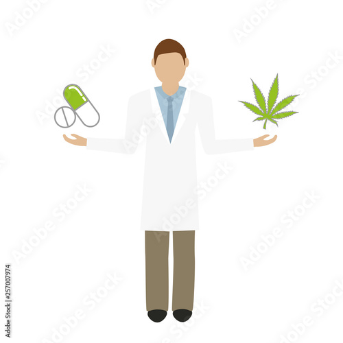 doctor holds tablets in one and cannabis leaf in the other hand vector illustration EPS10