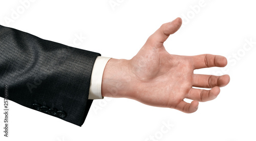Close-up of man's hand in suit with open palm isolated on white background.