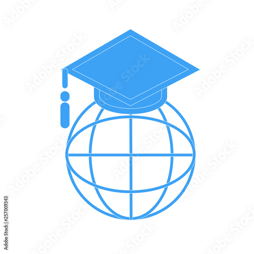 Education graduation cap globe icon vector / graduated learning abroad international ideas. Mortarboard hat on top earth world flat. Concept of Congratulations to university lead to success in school.