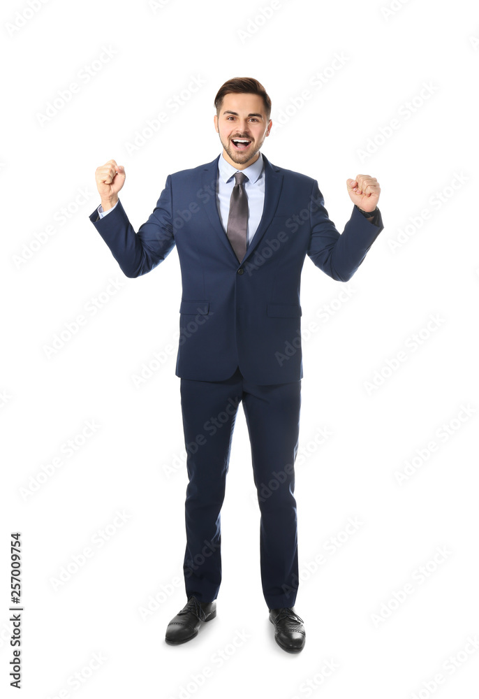 Full length portrait of emotional businessman on white background