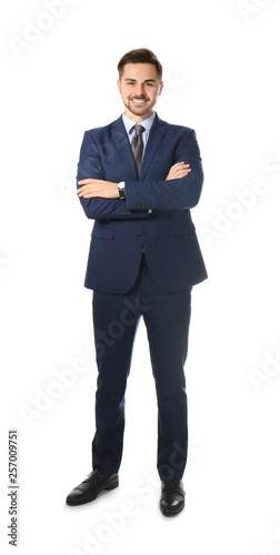 Full length portrait of businessman posing on white background