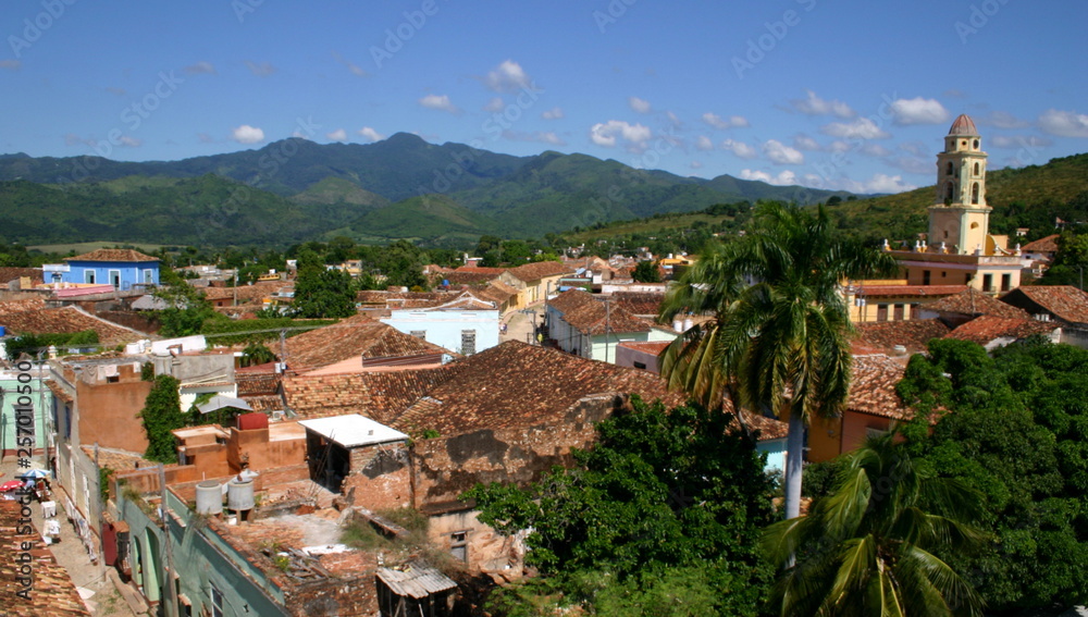 rooftop view in village in Cuba with blue sky
