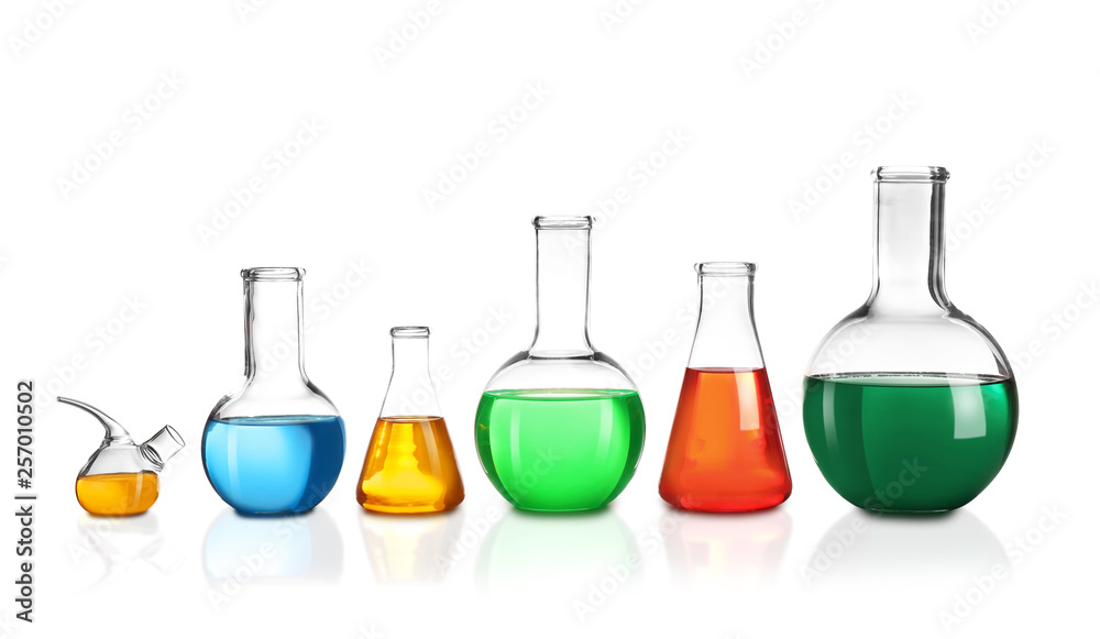 Laboratory glassware with different samples on white background. Solution chemistry Laboratory glassware with different samples on white background. Solution chemistry
